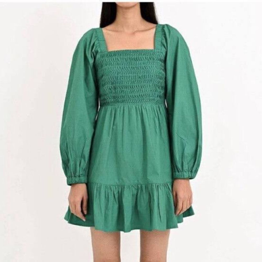 Benjanan Green Square Neck Puff Sleeve Dress - Long Sleeve - NWT - Size Medium